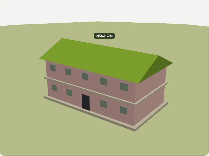 분홍 2층 기숙사·교회가 완성된 로우폴리 3D 정지 그림